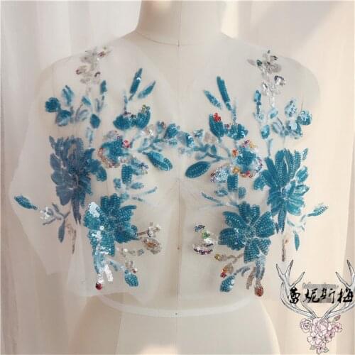 1pc Two-color Sequins Blue Lace Accessories Evening Dress Decoration Jewelry Flower Fabric Decoration Applique 30X12cm BD0619
