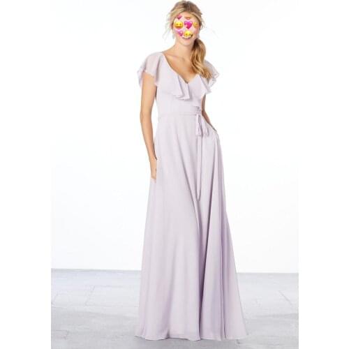 2020 flutter sleeves Bridesmaid Dresses Long Lilac Chiffon Evening Dresses For Wedding V Neck Dresses Woman Party Night