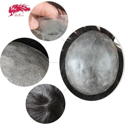 Ali Queen Hair PU Transparent Thin Skin 0.04-0.06mm Mens toupee Hair Replacement Systems Pure Handmade Men Wig 100% Remy Hair