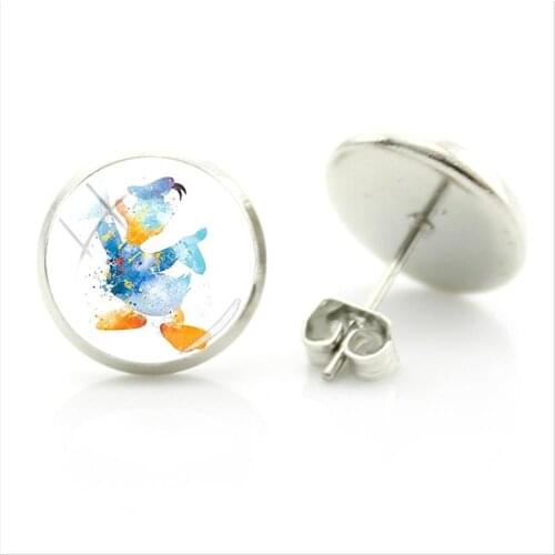 Disney Cartoon Big Family Pattern Earrings Mickey Mouse Donald Duck Picture Earrings Glass Cabochon Fashion Style Jewelry