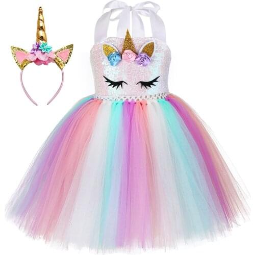 Kids Unicorn Tutu Dress Girls Sequin Birthday Party Dress Child Christmas Unicorn Costume Set Carnival Holiday Gifts