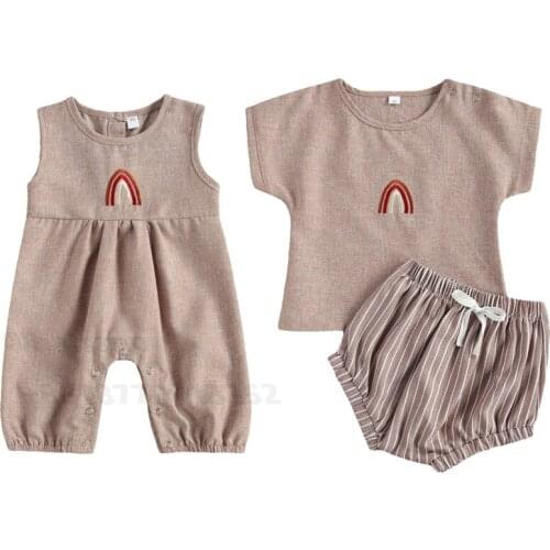 Baby Girl Boys Cotton Clothes Short Sleeve Rainbow Print T-shirt+Striped Shorts Two-Piece Suit Or Jumpsuit Baby Summer Outfits