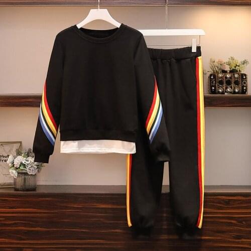 Women plus size sweatshirt two piece set 2021 new spring loose rainbow striped pullover top and pants patchwork suit big cloth