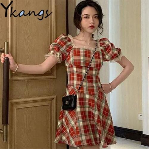 Elegant Vintage Puff Sleeve Vestido Classic Red Plaid Slim Short Fairy Dress Summer Korean Style Sexy Plus Size Women Clothing