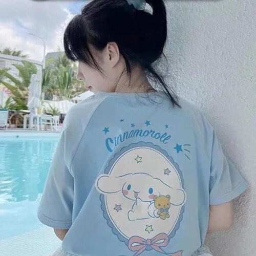 Kawaii Harajuku T Shirt Sky Blue Japan Print Loose Short Sleeve T Shirt Anime Tops Women Fashion Clothing T Shirt for Girl