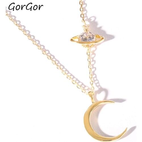 GorGor Necklace Women Copper Material Pattern Crescent Moon Pendant Star Mosaic Zircon Elegant Engagement Jewelry 60300661658