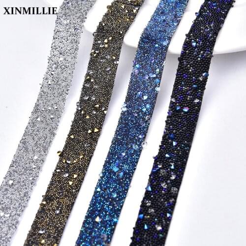 1 Yard/Lot Hot Fix Rock Diamond Crystal Ribbon Trimming 1.5cm Width Rhinestone Chain Tape Iron on Round Beads Banding for Dress