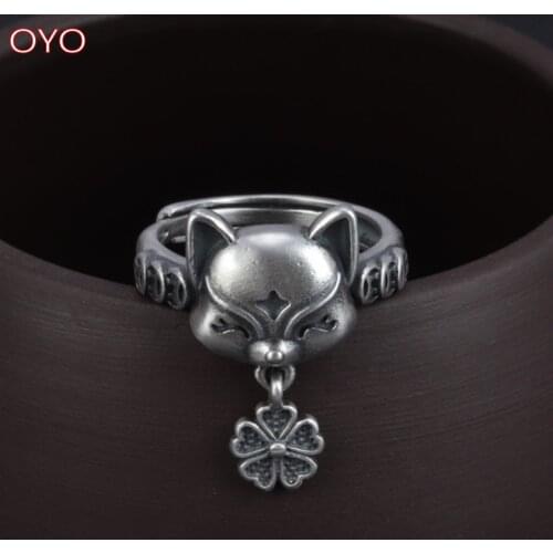 S925 sterling silver peach blossom fox ring retro matte coin index finger ring female live mouth adjustment