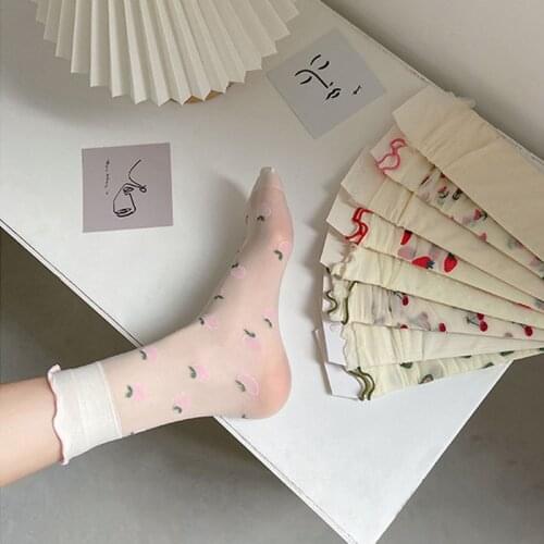 Summer Cute lace Ice Silk Thin Socks For Women Cute Japanese Style Cartoon Flower Fruit Patterns Breathable Womens Socks 2021