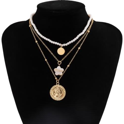 Multilayer Punk Gold Portrait Coin Pendant Necklace For Women Pearls Chunky Thick Chain Choker Necklaces Gothtic Jewelry Gifts
