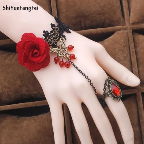 Fashion jewelry red rose flower cane temperament of crystal lolita lace bracelet with ring one opisthenar jewelry bracelet
