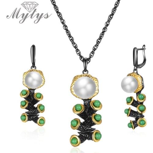 Mytys Black Gun Vintage Jewelry Sets Branch New Leaves Pendant Necklace Earrings Sets Pearl Jewelry CE613 CN542