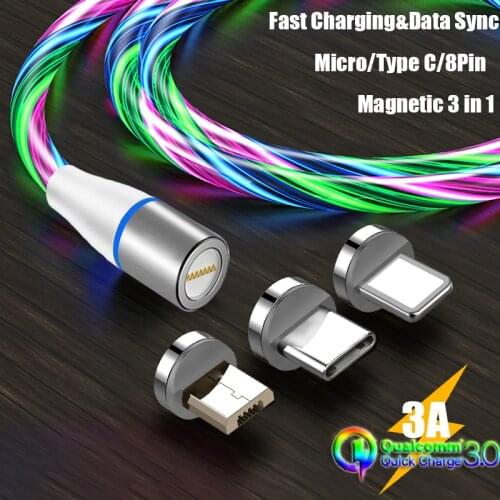 Upgrade 3A Magnetic USB Cable LED 3 In 1 Phone Cable Magnet Micro USB C Type-C Charger Cord for Samsung Xiaomi Huawei Honor ZTE