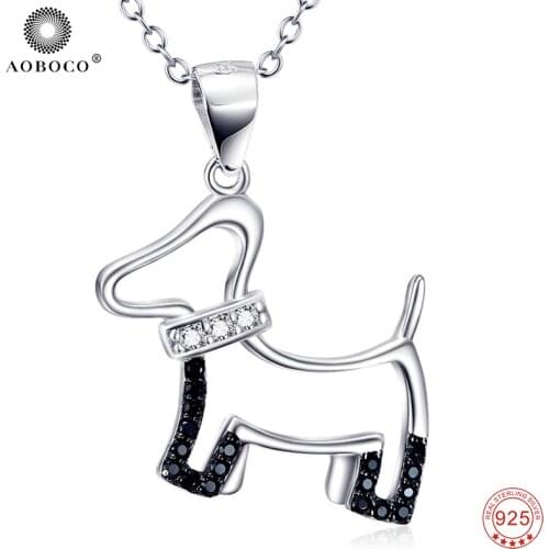 925 Sterling Silver Cute Puppy Dog Pendants Necklaces Fashion White & Black Crystal Classic Jewelry For Women GNX9892