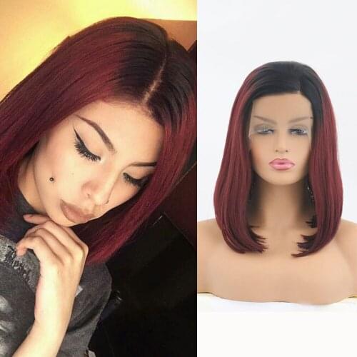 QUINLUX WIGS Synthetic Hair Ombre Red Bob Wigs For Women Cosplay Costume Glueless Heat Fiber Natural Hairline Lace Front Wigs