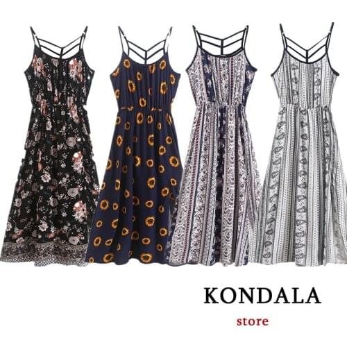 KONDALA Za Vintage Women French Niche Strap Dress Floral Printed Rayon Dress Female Sleeveless Elegant Plus Size Dress Vestidos