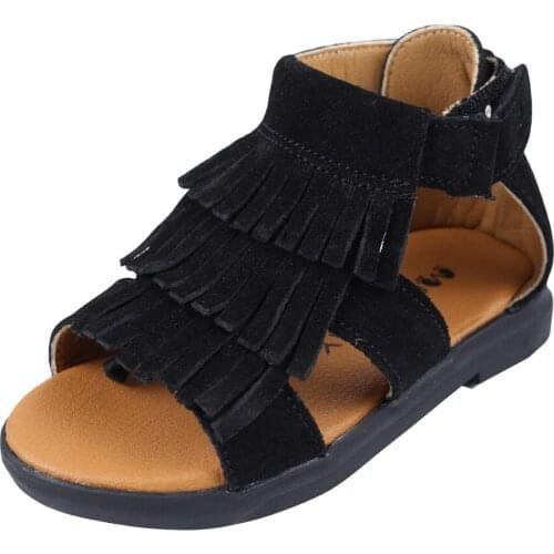 Muyguay Genuine Leather Toddler Girls Sandals Tassels White Summer Flats Walking Shoes with Non Slip Rubber Sole