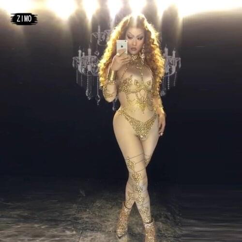 Sexy Gold Jumpsuits Nude Women Big Stretch Rhinestone glitter Nightclub stage bar Dance Show Prom Sexy One-piece Stage Wear rave