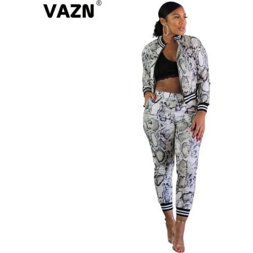VAZN GBS11118 top design 2019 autumn sexy lady white long set full sleeve zipper fly tops long pants set sexy girl casual sets