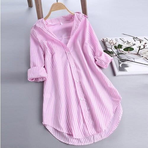 Fall Women Pink Shirt Blouse Stripe Printed Down Shirt For Woman Lady Casual Loose Shirts Tunics