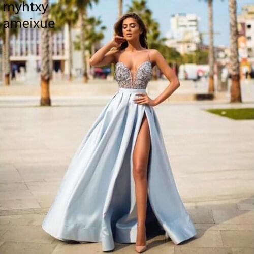 Cheap Sky Blue Satin Evening Gown 2020 A-line Sexy High Split Top Lace Long Prom Dresses Straps Robe De Soiree Beaded Dress