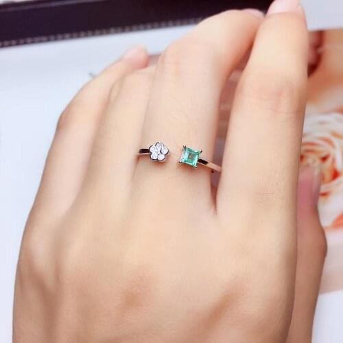 Chic green emerald gemstone ring for women jewelry real 925 silver square natural emerald flower resizeable silver ring gift