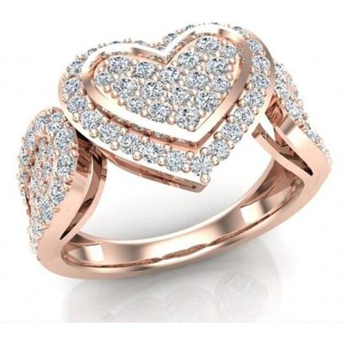 Luxury Fashion Rose Gold Color Love Heart Inlaid Full Circle Crystal Rings for Women Engagement Ring Jewelry Whole Sale