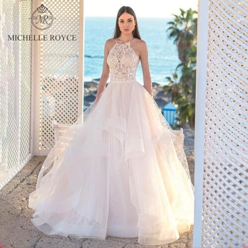 Michelle Royce A-Ling Wedding Dresses 2020 Sexy Halter Cut-out Appliques Backless Court Train Wedding Gowns Vestido De Noiva
