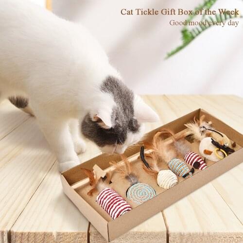 7pcs/set Pet Toy Feather Bell Funny Cat Toy Molar Fishing Game Stick Pet Toy Gift Box Pet Cat Toy Accessories