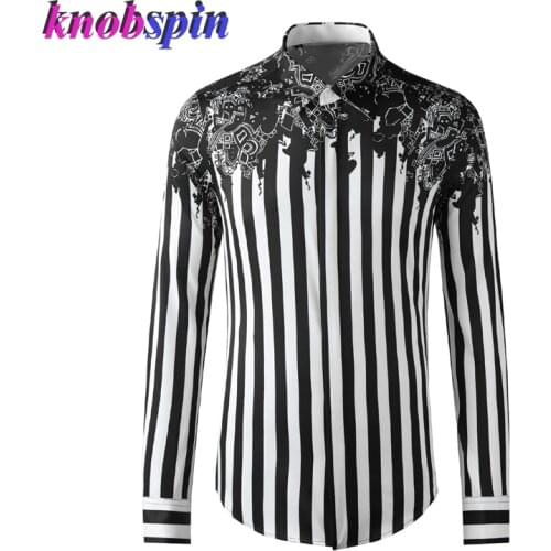 Brand Graffiti Stripes Print Shirt MEN male Clothing Full sleeve Slim Casual Shirts Anti-Wrinkle Cotton Camisas
