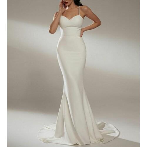Long Spaghetti Mermaid V-Neck Wedding Dresses Sexy Sweep Train Satin Abendkleider Ivory Maxi Bridal Gowns for Women