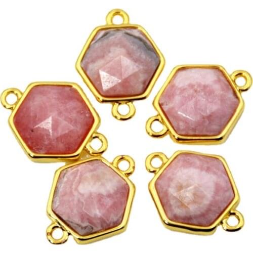 Faceted rhodonite Hexagon shape Gem stone connector gold bezel setting jewelry charms rose stone bracelet findings