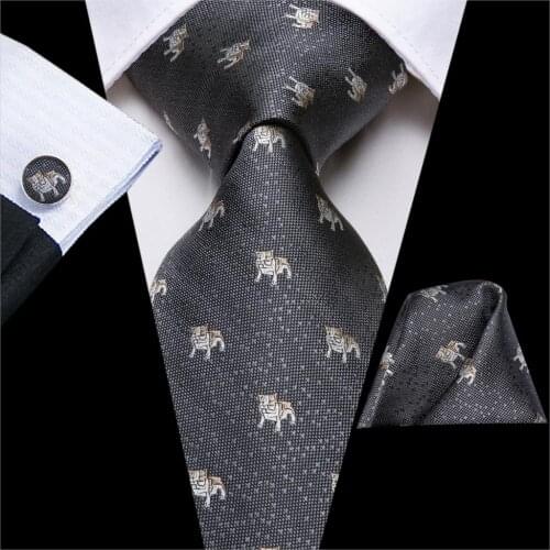 Hi-Tie Gray Print Silk Ties For Men Handkerchiefs Cufflinks Set Bulldog Style Mens Tie Gift For Men Party Jacquard Gravata
