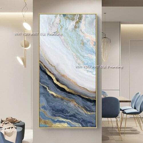 Large Size Abstract Blue Gold Wall Art Picture Canvas Painting Nordic 100% Handmade For Living Room Modern Home Decoration