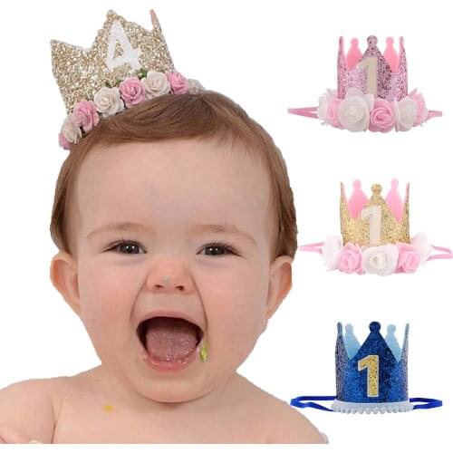 1st Birthday Crown Hat Baby 1 2 3 Year Old Birthday Flower Crown Caps Baby Shower Birthday Party Decorations Hair Accessories