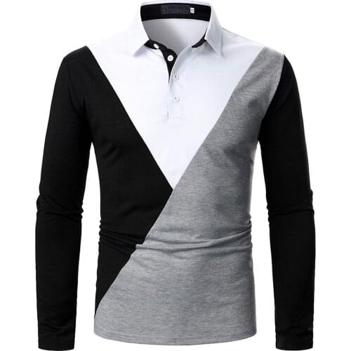 Fashion Mens Polo Shirt Color Matching Slim Fit Business Casual Long-sleeved Breathable Polo Shirt Patchwork Autumn Mens Shirt