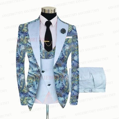 2021 Fashion Floral Printed Men Suit 3 Piece Tailored Groom Wedding Tuxedo Slim Fit Prom Party Blazer Suit Jacket Vest Pants Set
