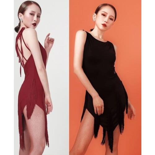 Cross Bandage Back Latin Dance Dress Women Sexy Tassel Practice Dress Samba Rumba Cha Cha Salsa Costume Latin Show Wear DNV14124