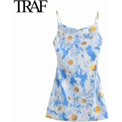 Traf Za Women Fashion Back Zip Vintage Floral Satin A-line Mini Dress Sexy Summer Evening Dress Party Dress Vestidos Mujer