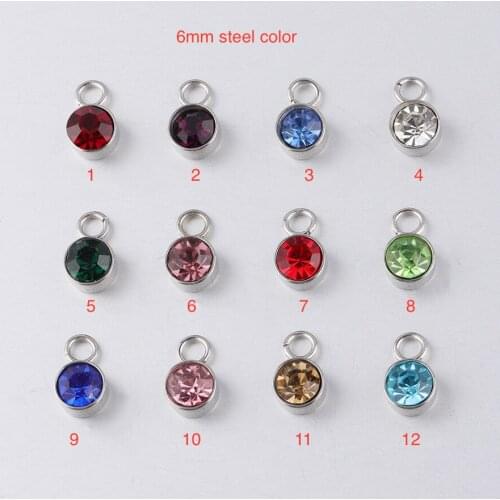 5pcs/lot 6mm Gold/rose gold Color 12 Birthstone Charms Stainless Steel Birth Stones Pendant Rhinestones for Jewelry Making