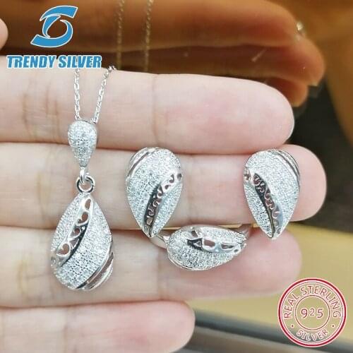 Complete pure 925 sterling silver zirconia clear CZ luxury jewelry set ring earrings for woman pendant necklace trendy design