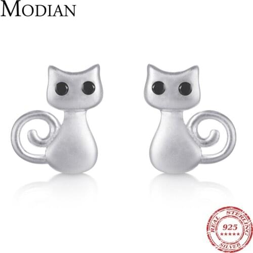 Modian 925 Sterling Silver Cute Cats Stud Earrings Fashion Lovely Obsidian Silver Earrings For Women Party Gift Jewelry Brincos