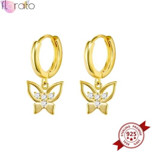 925 Sterling Silver Ear Buckle Butterfly Hanging Hoop Earrings for Women Gold Color Crystal Huggie Earrings Cute Korean Jewelry