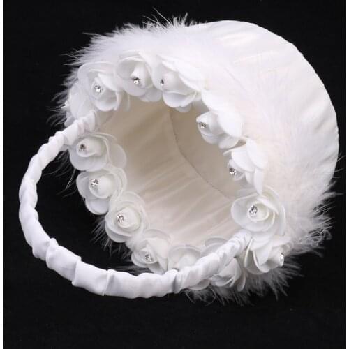 Wedding Ceremony Flower Girl Basket Bridesmaid Feather Diamante Rose Round Flower Basket Petals Decoration