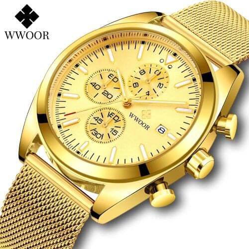 WWOOR 2021 New Luxury Sports Mens Watches Business Steel Gold Quartz Waterproof Wristwatch Fashion Chronograph Relogio Masculino