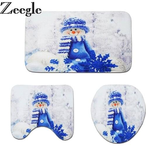Zeegle 3pcs/set Mats For Toilet Christmas Printed Anti-Slip Bath Mat Bathroom Door Toilet Seat Cover Bathroom Carpet Bath Rugs