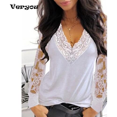 Womens Casual V-neck Lace Splicing Long Sleeve T-shirt Spring Autumn Clothes Sexy Solid Color Black Tee Shirt Office Lady Top