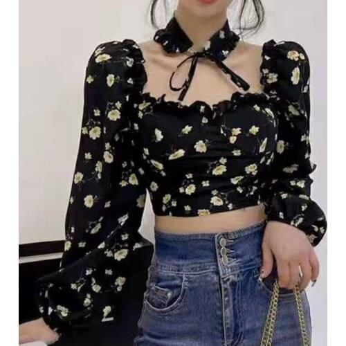 2021 New Sexy Women Tops Gothic Floral Print Elegant Crop Tops Chiffon Blouse Long Sleeve Shirts Pink Lady Clothing For Ladies