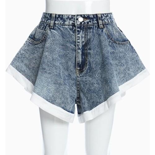 Super Elastic and Breathable Ruffled Big Swing Hit White Denim Shorts Womens Lace High Waist Pocket Zipper New Fashion Autumn