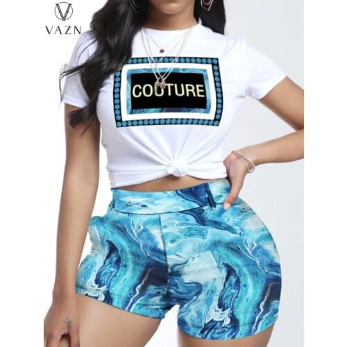 VAZN 2021 summer hot sale women street casual style short sleeve round neck top elastic short pants printed two piece sets